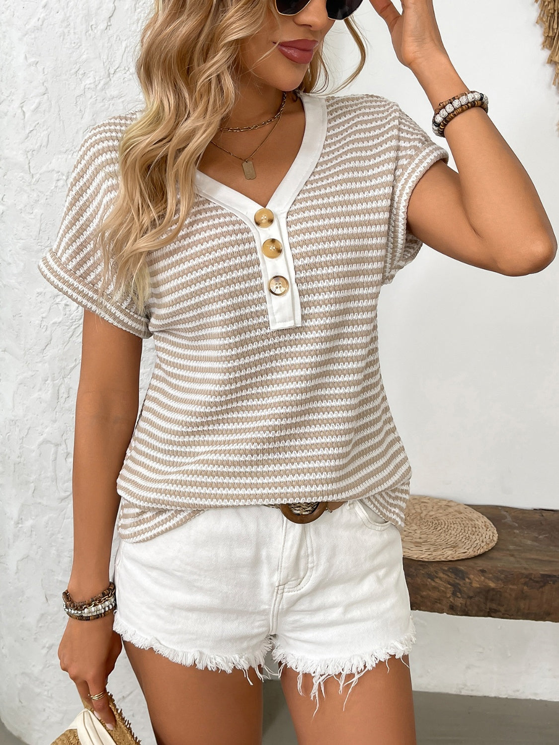 Striped V-Neck Short Sleeve T-Shirt - Ladyez