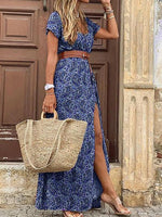Full Size Printed V-Neck Short Sleeve Maxi Dress Plus Size