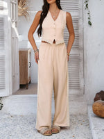 Devine Button Down Lace Detail Vest and Pants Set