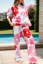 Flower Round Neck Long Sleeve Top and Pants Lounge Set - Ladyez