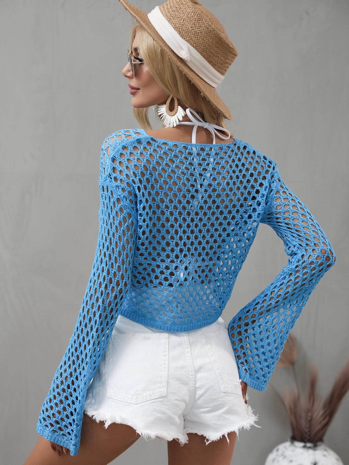 Openwork Flare Sleeve Cropped Cover Up - Ladyez