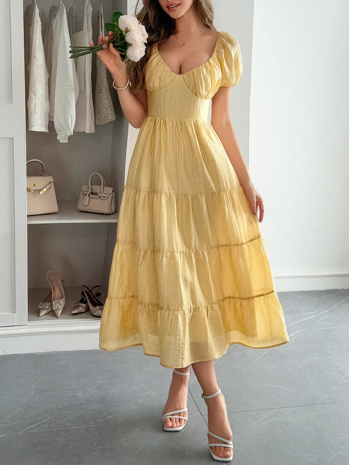 V-Neck Short Sleeve Midi Dress