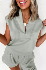 Quarter Zip Sleeveless Top Drawstring Shorts Casual 2pcs Outfit
