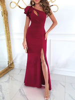 Cutout One Shoulder Ruffle Split Dress - Ladyez