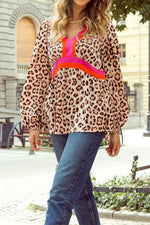 Leopard Print V-Neck Blouse with Contrast Trim