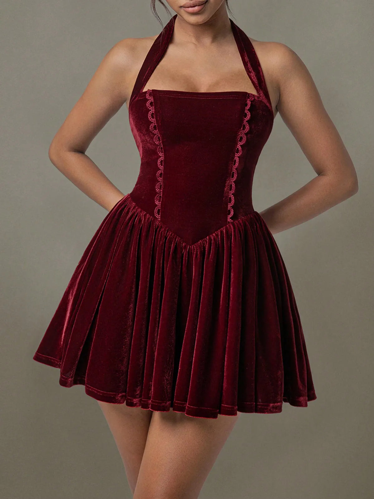 Velvet Halter Skater Dress - Ladyez