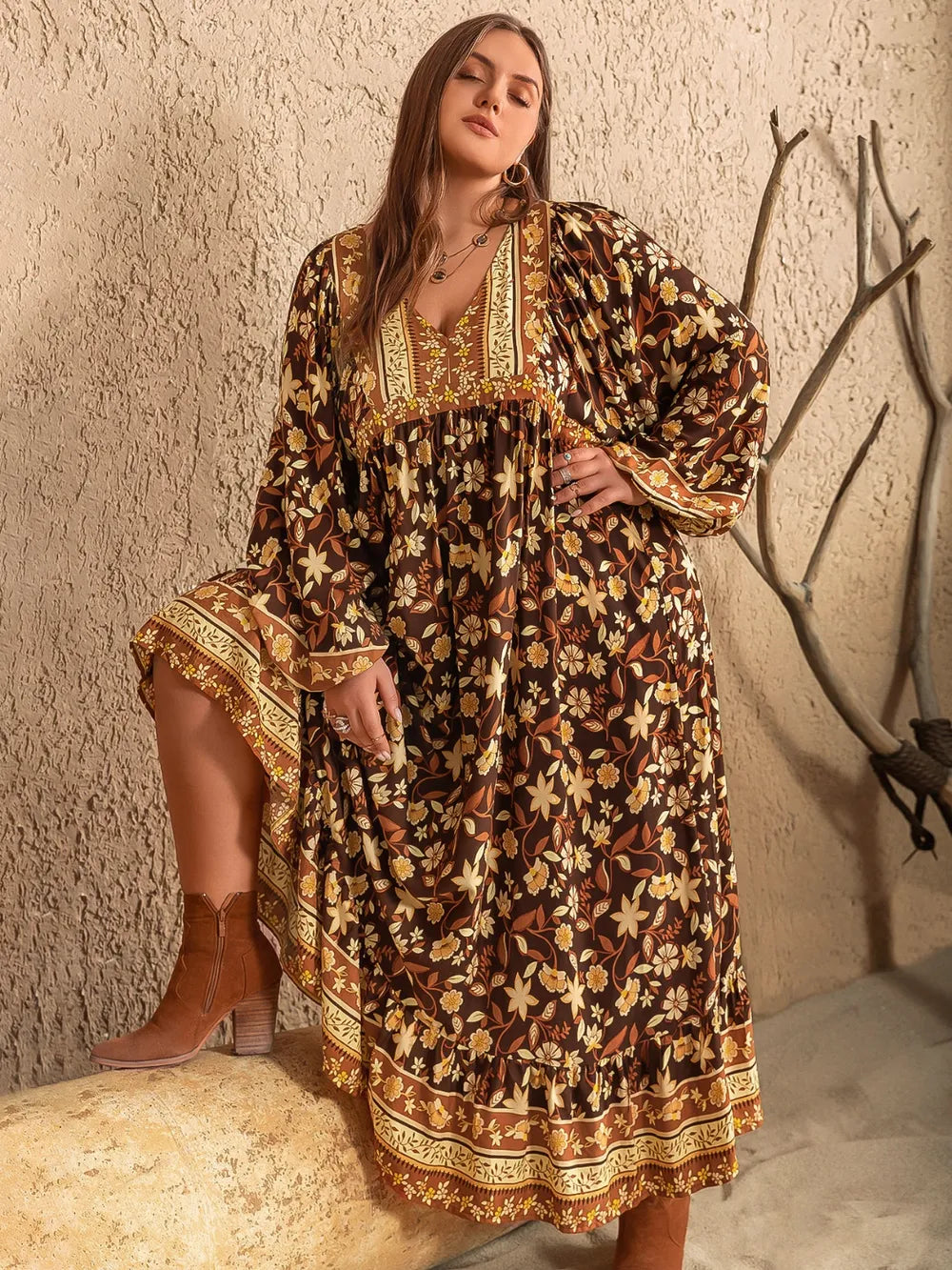 Plus Size Printed V-Neck Balloon Sleeve Dress - Ladyez