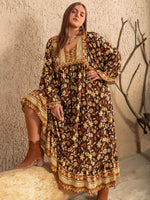 Plus Size Printed V-Neck Balloon Sleeve Dress - Ladyez