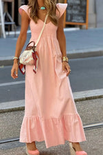 V Neck Ruffled Cap Sleeve Smocked Maxi Dress - Ladyez