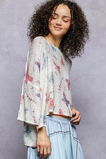 POL Butterflies Pattern Round Neck knit Top with Outseam Rolling Edge