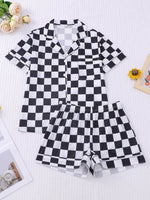 Checkered Print Button Up Top and Shorts Lounge Set