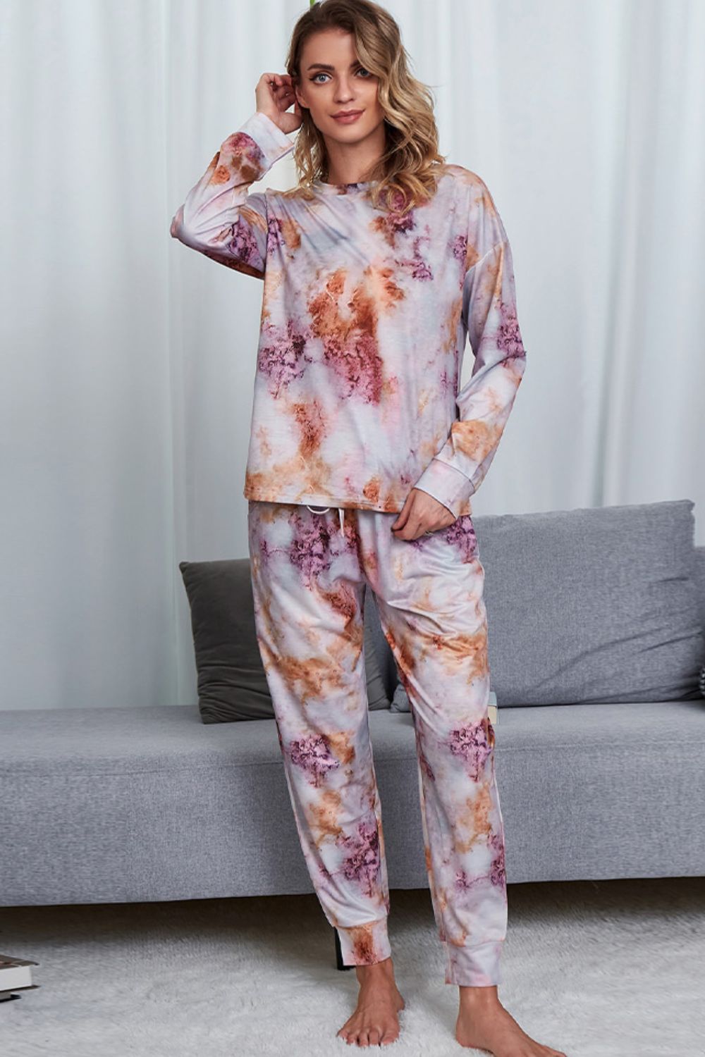 Shiny Tie-Dye Crewneck Top and Drawstring Waist Joggers Lounge Set - Ladyez