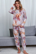 Shiny Tie-Dye Crewneck Top and Drawstring Waist Joggers Lounge Set - Ladyez