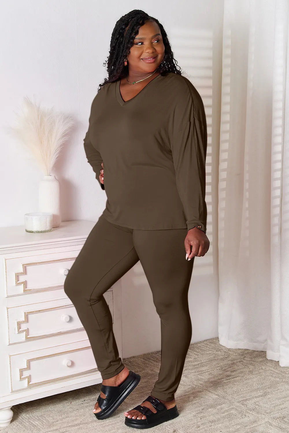 Basic Bae Bamboo Full Size V-Neck Long Sleeve Top and Pants Lounge Set - Ladyez