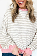 Twisted Rib Trim Striped Round Neck Loose Pullover Sweatshirt