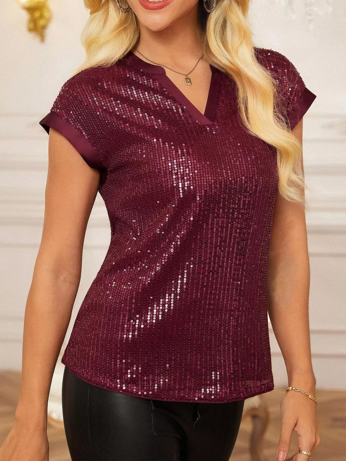 Sequin Notched Cap Sleeve Blouse