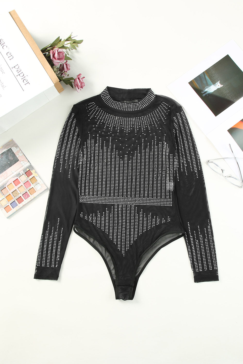Rhinestone Round Neck Long Sleeve Bodysuit - Ladyez