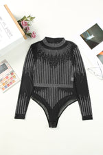Rhinestone Round Neck Long Sleeve Bodysuit - Ladyez