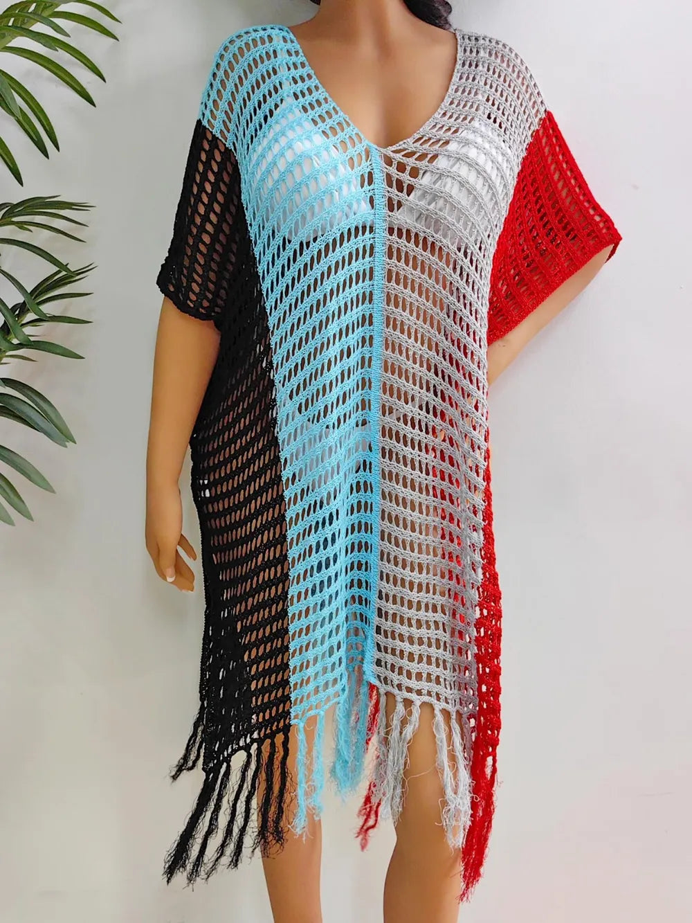 Fringe Color Block Scoop Neck Cover Up - Ladyez