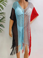 Fringe Color Block Scoop Neck Cover Up - Ladyez