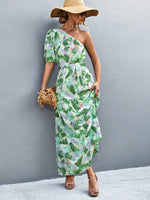 Printed Tie Waist One Shoulder Maxi Dress - Ladyez