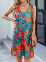 Printed V-Neck Sleeveless Mini Dress with Pockets - Ladyez