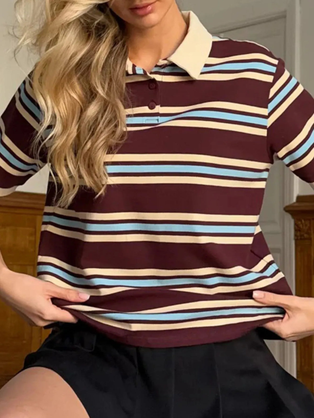 Striped Polo T-Shirt with Contrast Collar - Ladyez