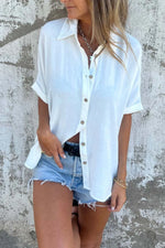 Full Size Casual Button Down Short Sleeve Loose Shirt Plus Size - Ladyez