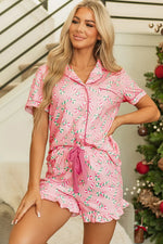 Candy Cane Collared Neck Top and Shorts Lounge Set - Ladyez
