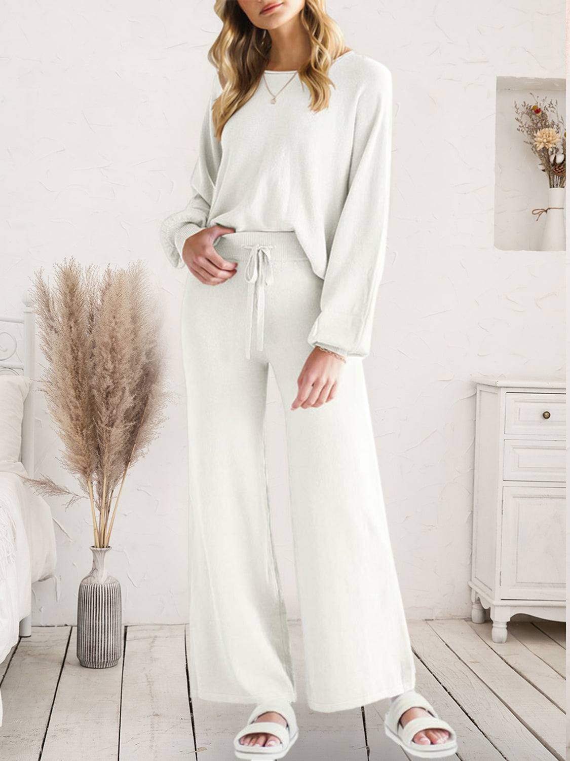 Long Sleeve Lounge Top and Drawstring Pants Set - Ladyez