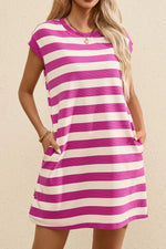 Stripe Cap Sleeve Pocketed Shift Tee Dress