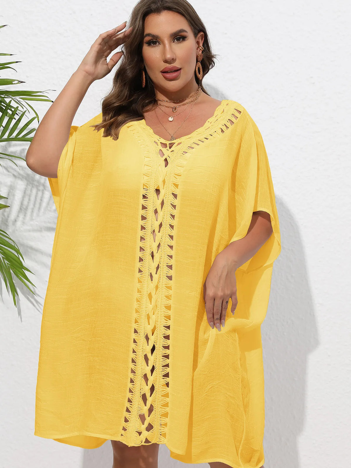 Crochet Trim V-Neck Beach Cover Up Dress - Ladyez