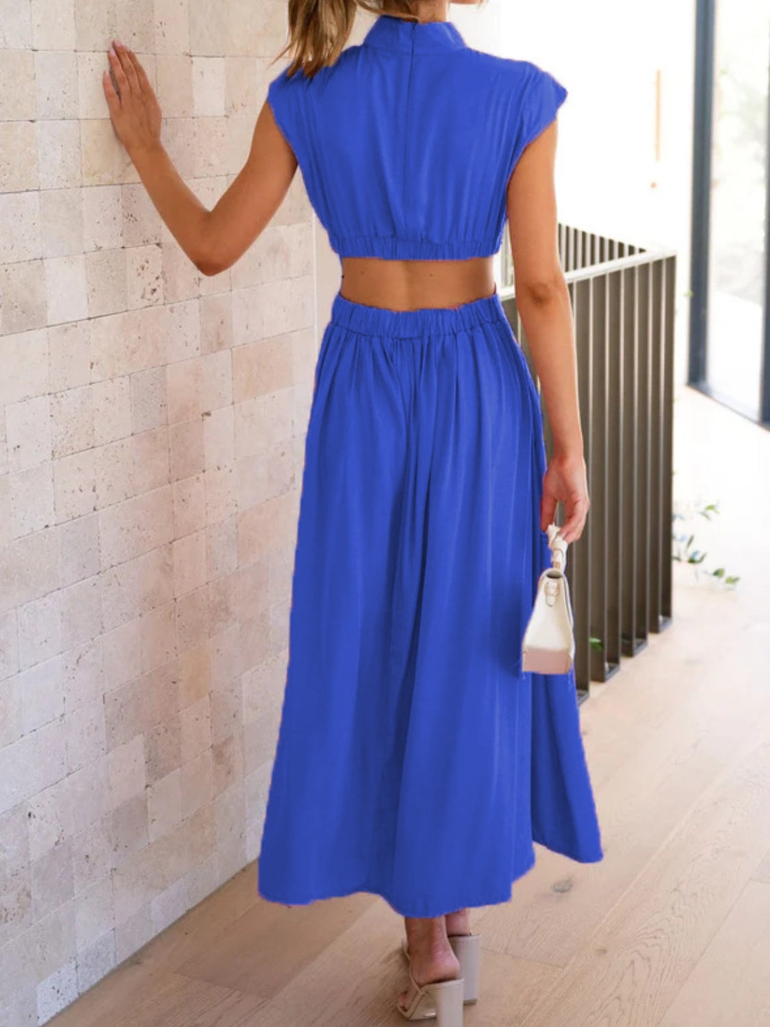 Cutout Mock Neck Sleeveless Ruched Dress - Ladyez