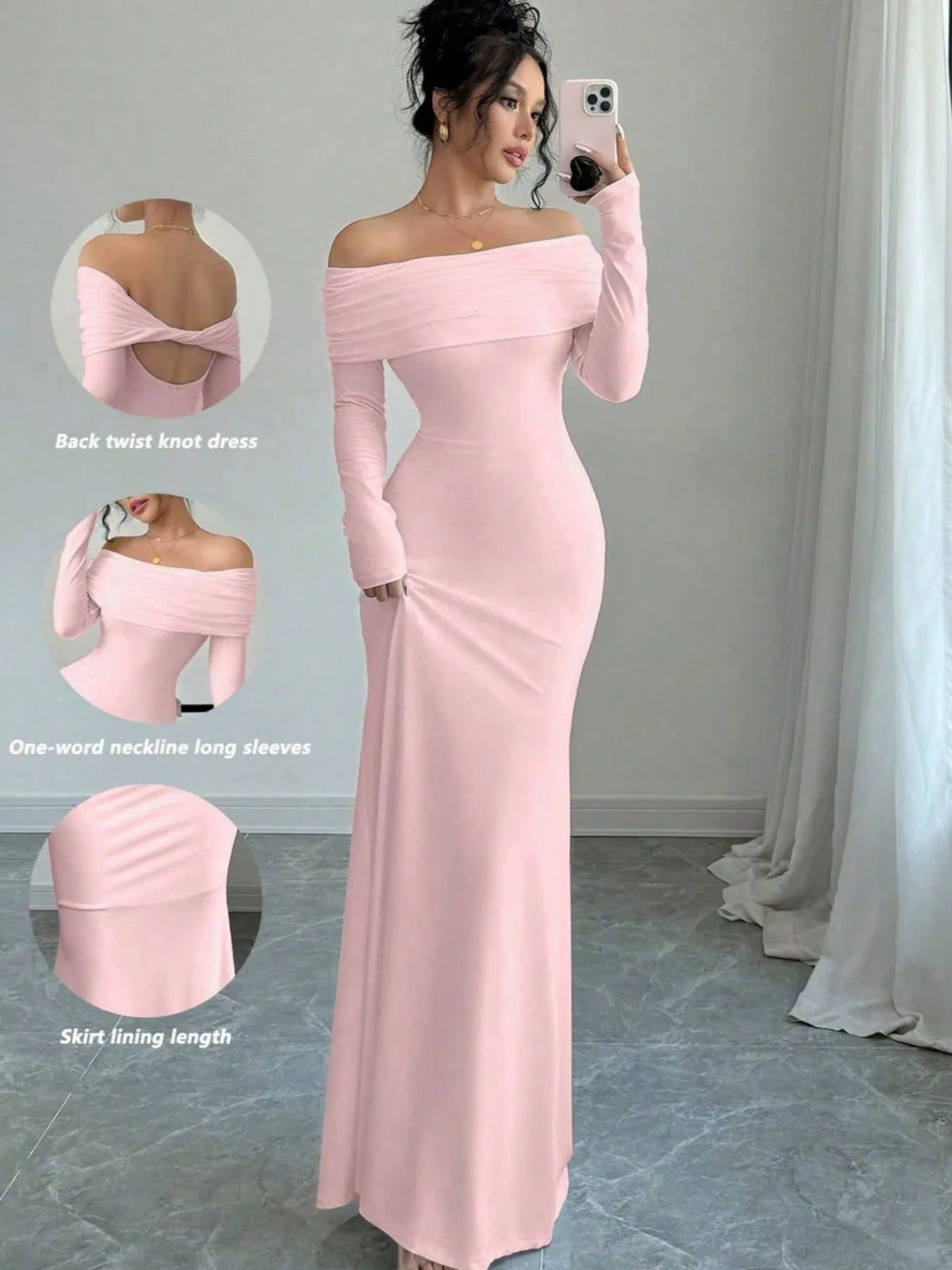 Off-Shoulder Long Sleeve Bodycon Maxi Dress - Ladyez