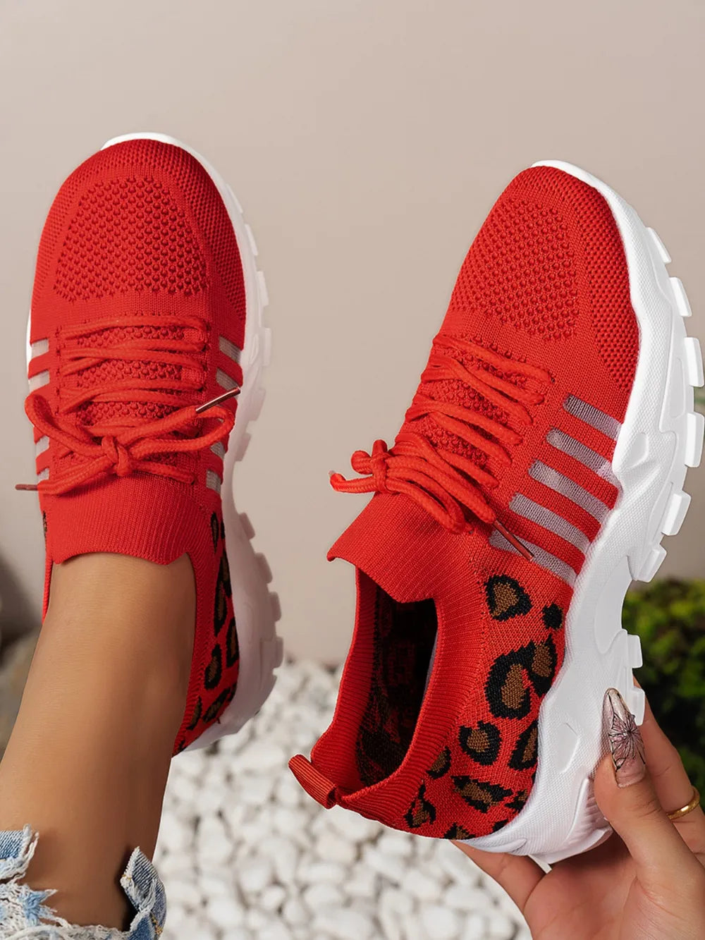 Cutout Leopard Lace Up Mesh Athletic - Ladyez