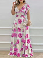 Floral Print V-Neck Ruffle Sleeve Maxi Dress