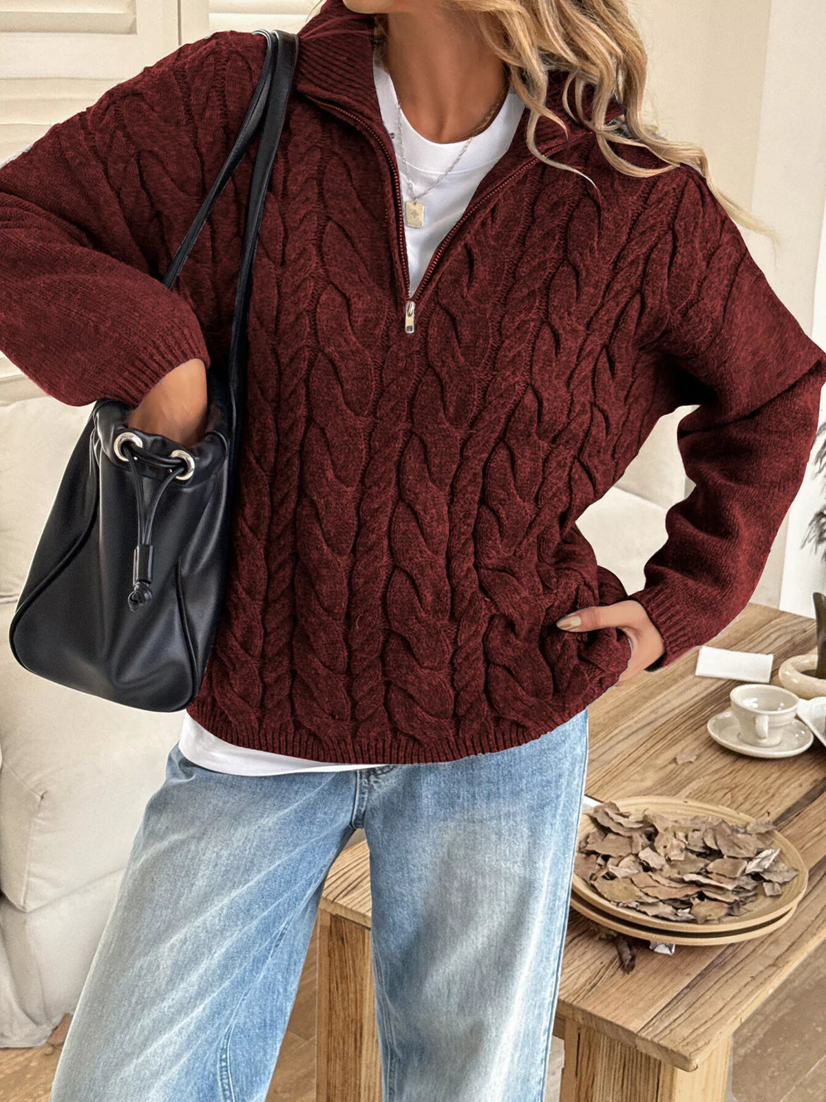 Zip Collar Cable-Knit Sweater