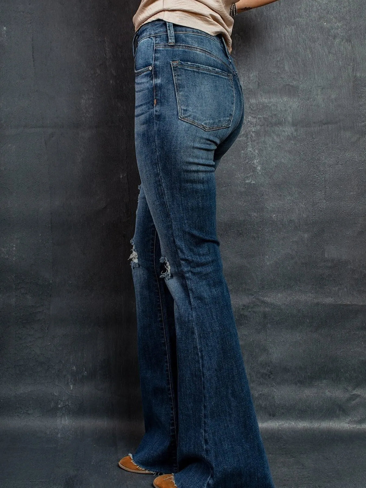 Distressed High-Waisted Flare Jeans - Ladyez