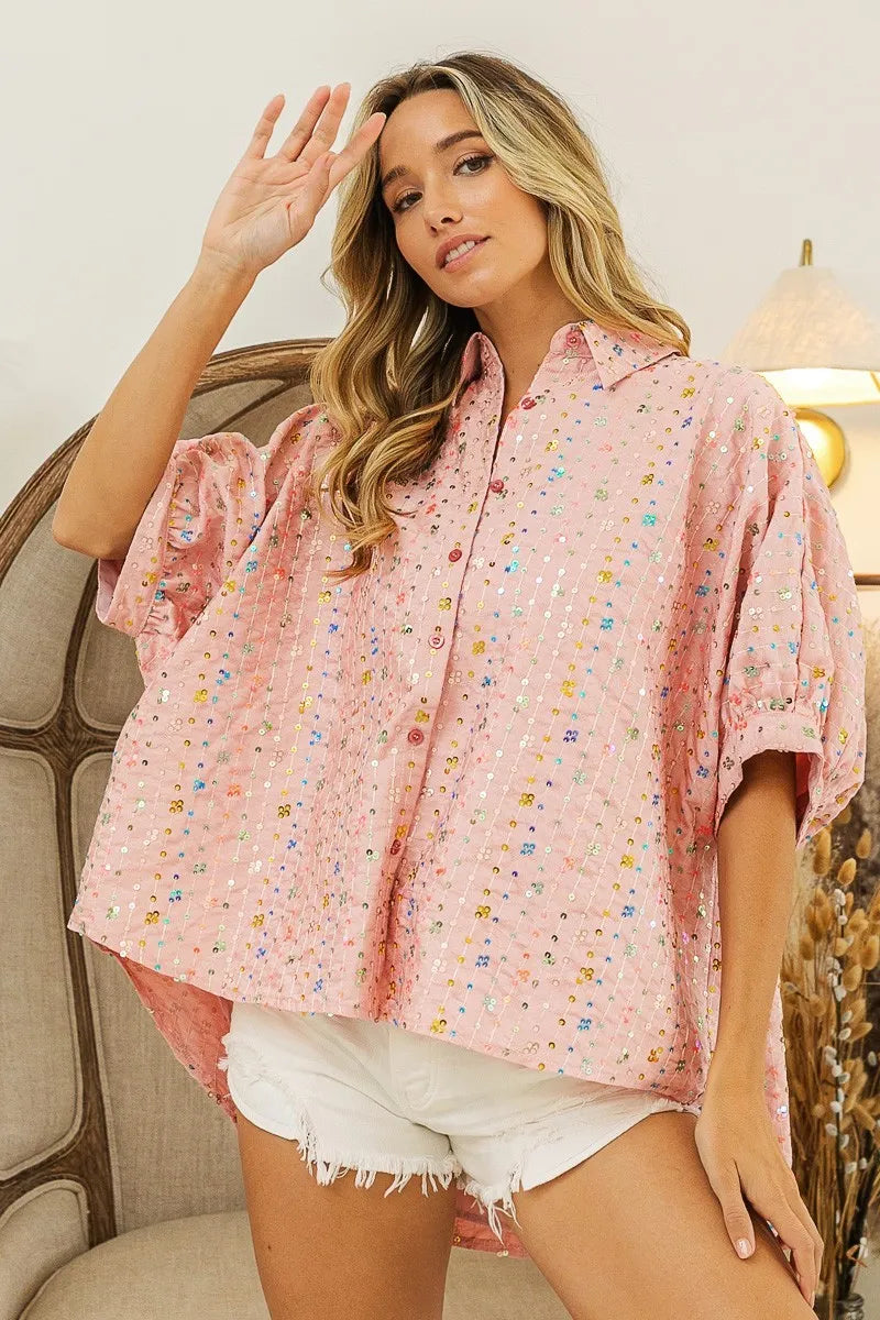 BiBi Sequin Striped Short Dolman Sleeve Blouse