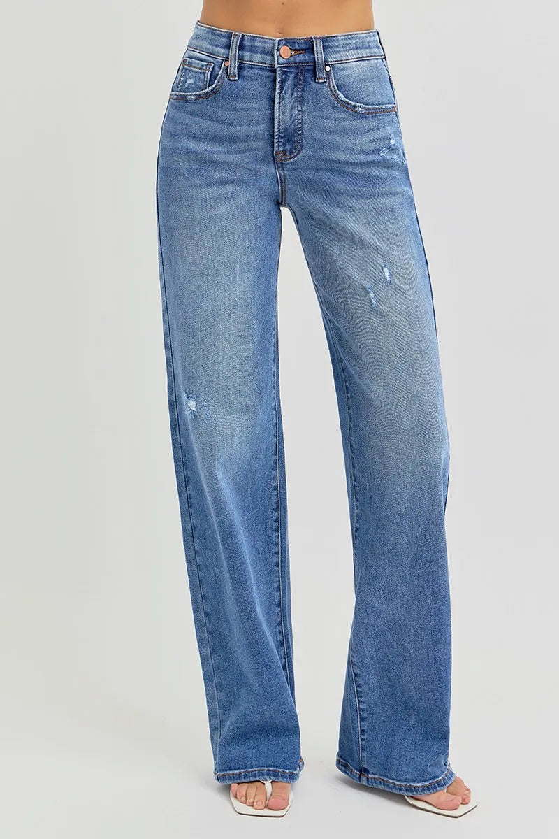 RISEN Full Size Tummy Control Elastic Band High Rise Wide Jeans Plus Size - Ladyez
