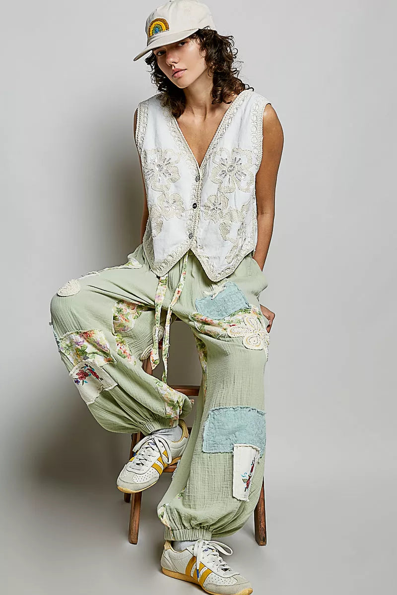 POL Embroidered Floral V-Neck Button Down Crochet Vest