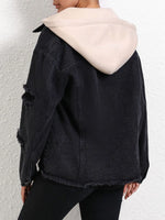 Distressed Drawstring Button Up Hooded Denim Jacket