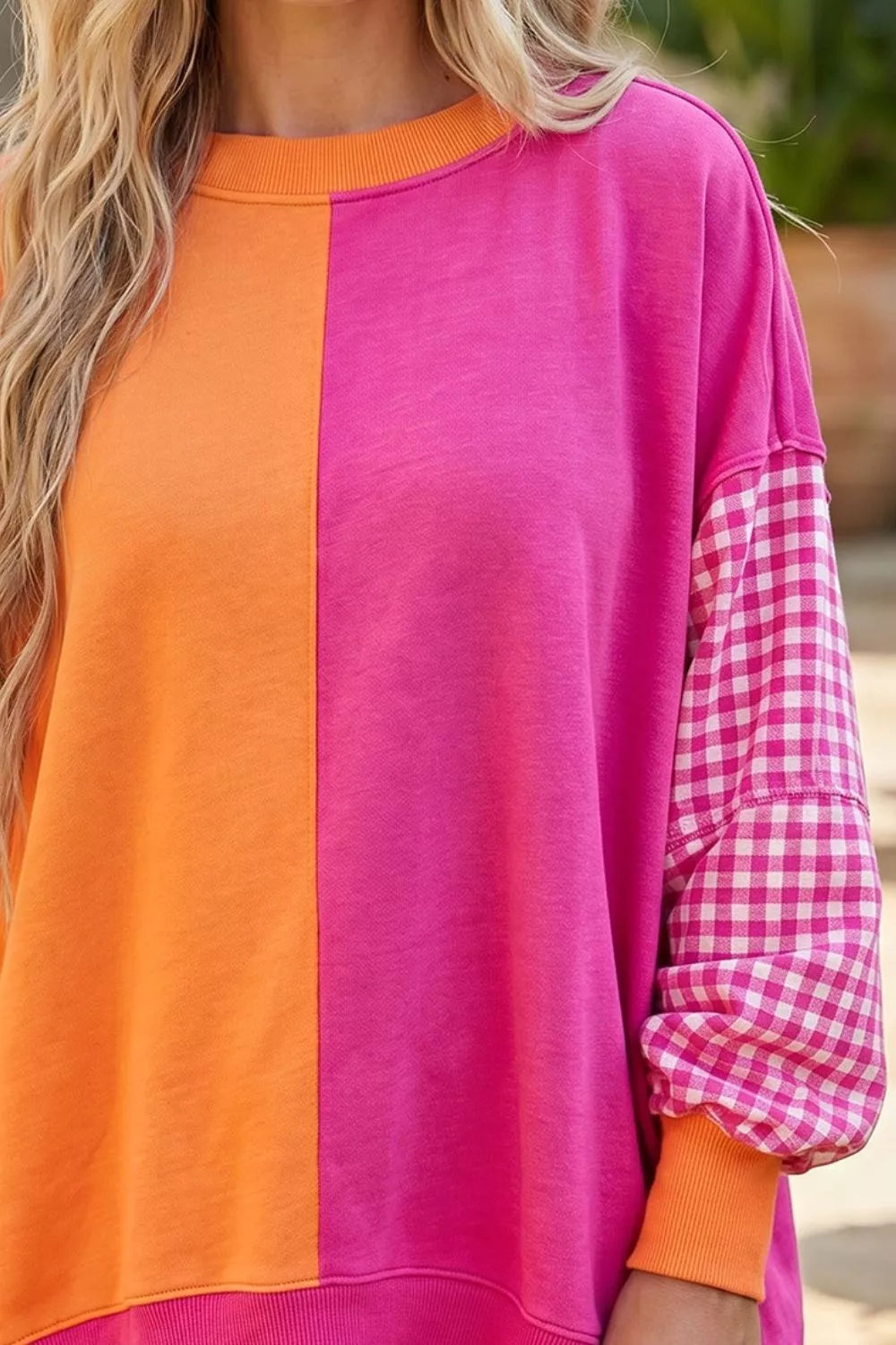 Colorblock Gingham Sleeve Crewneck Sweatshirt