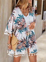 Tassel Tied Printed Half Sleeve Cover Up - Ladyez