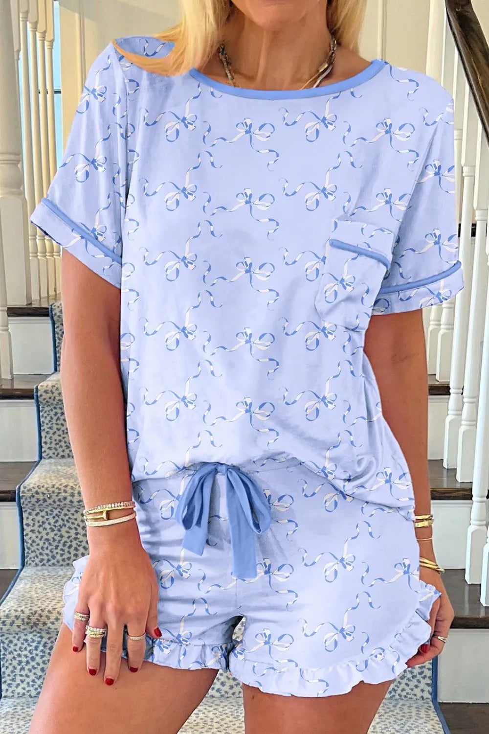Bow Print Short Sleeve Top and Shorts Pajama Set - Ladyez