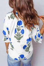 Floral Print Notched Ruffled Sleeve Blouse