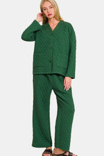 Zenana Quilted Button Up Long Sleeve Top and Pants Lounge Set - Ladyez