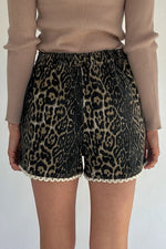 Lace Trim Leopard Denim Shorts