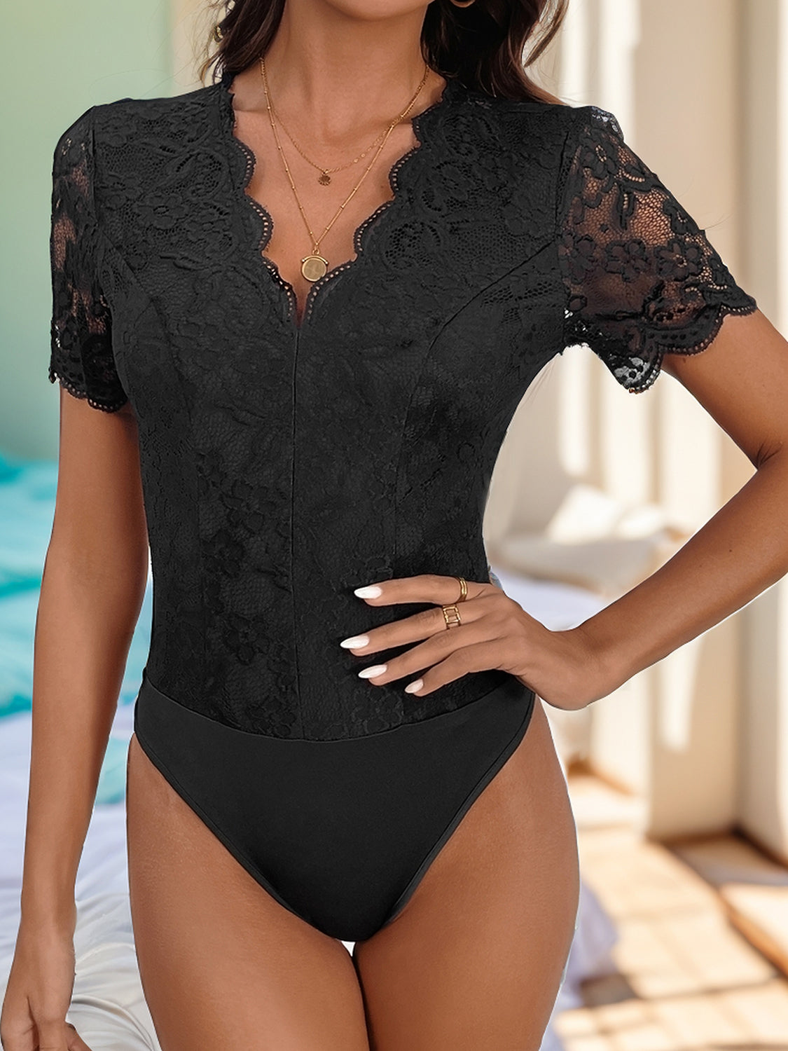 Perfee V-Neck Short Sleeve Lace Bodysuit - Ladyez