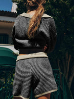 Collared Neck Contrast Striped Top and Shorts Sweater Set